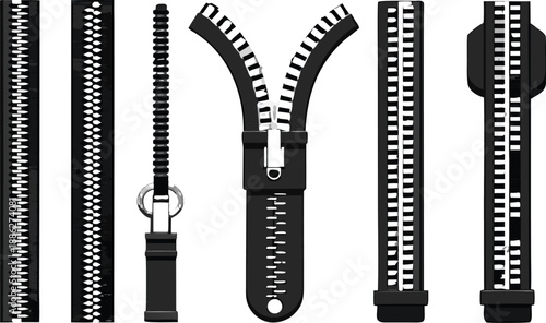 Various zip line zippers on a clear background, illustrating their design elements and practical use..eps