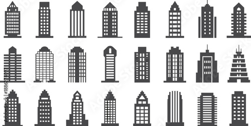 Skyscraper silhouette icons, high-rise building vector, urban architecture design, black cityscape graphics, modern tower shapes, infrastructure illustration, skyline symbols