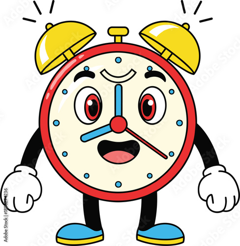 Cute red alarm clock cartoon character ringing with happy face vector illustration isolated on white background for morning wake up time design concept