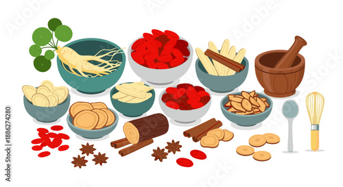 Chinese traditional medicine ingredients vector illustration of herbs and spices in bowls