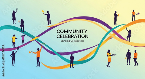 Community celebration with people and colorful ribbons togetherness