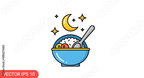 Vector illustration of a blue bowl with food and a spoon under a crescent moon, symbolizing Ramadan sahur or iftar meal with a dreamy, nighttime atmosphere and minimalist design.