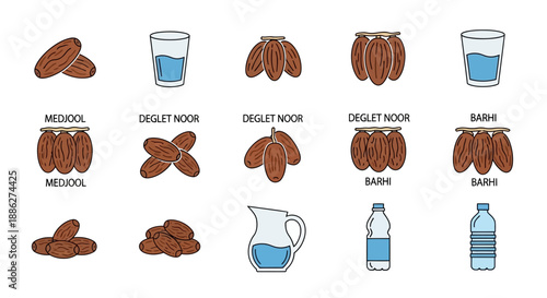 Vector illustrations of Ramadan icons including dates, water, and prayer beads with labels like sahur, iftar, and prayer on a white background.