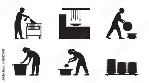 Industrial Worker Silhouettes in Various Tasks with Dark Monochrome Color on White Background for Manufacturing Illustration