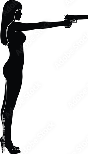 Dangerous female secret agent silhouette vector illustration featuring a woman in high heels aiming a handgun for self defense tactical security and action movie branding