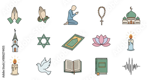 A collection of vector illustrations depicting various religious and cultural icons for Ramadan, including prayer, sahur, iftar, and people, against a clean white background with a mix of