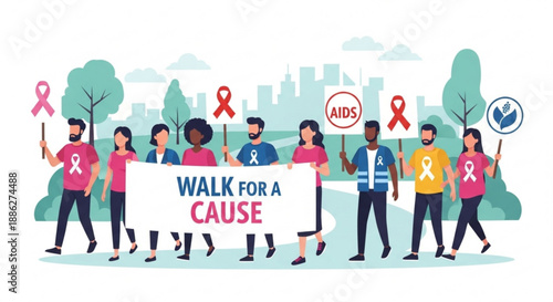 Diverse group walking for aids awareness with red ribbons and signs
