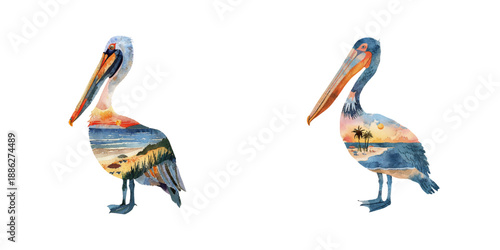 silhouette pelican with beach scene inside watercolor vector illustration