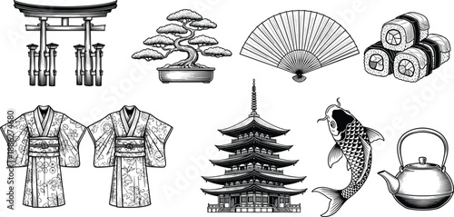Detailed Vintage Woodcut Japanese Cultural Icons Set Featuring Torii Gate Bonsai Tree Folding Fan Sushi Rolls Kimono Pagoda Koi Fish and Traditional Teapot Engravings