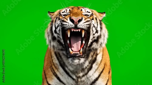 Powerful Bengal tiger roars ferociously, mouth open, sharp teeth visible, isolated on green screen for chroma key compositing