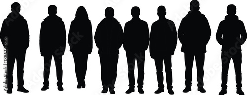 Diverse Group of People Silhouettes Wearing Winter Coats and Autumn Jackets Standing in a Row for Seasonal Fashion and Outdoor Community Concept on White Background
