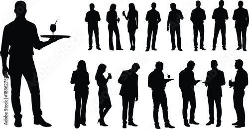 Silhouettes of waiter and guests in varied social poses, illustrating hospitality, service, and interaction