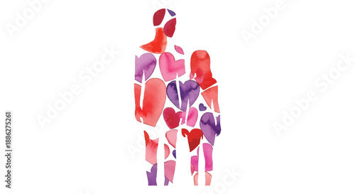 A watercolor painting depicts a silhouetted human form composed of fragmented hearts in shades of red and purple