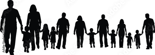 Silhouettes of families holding hands in line, illustrating unity, generational bonds, and community connection