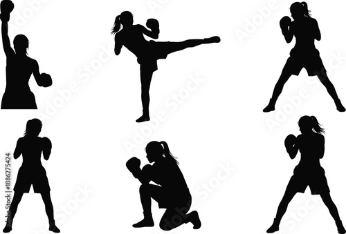 Silhouettes of female boxer in varied martial arts and boxing poses, illustrating strength, discipline, and dynamic movement