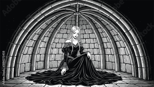 Elegant Gothic Woman in Black Lace Dress Sitting Inside a Dark Medieval Stone Vault Crypt Loneliness and Fantasy Concept Illustration in Noir Style (Total