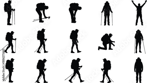 Silhouettes of hiker in varied poses with backpack and poles, illustrating outdoor activity and adventure movement