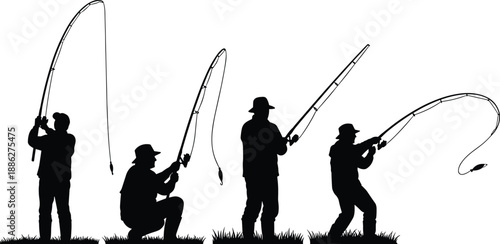 Silhouettes of individuals casting fishing lines in varied postures, illustrating technique and motion in recreational fishing