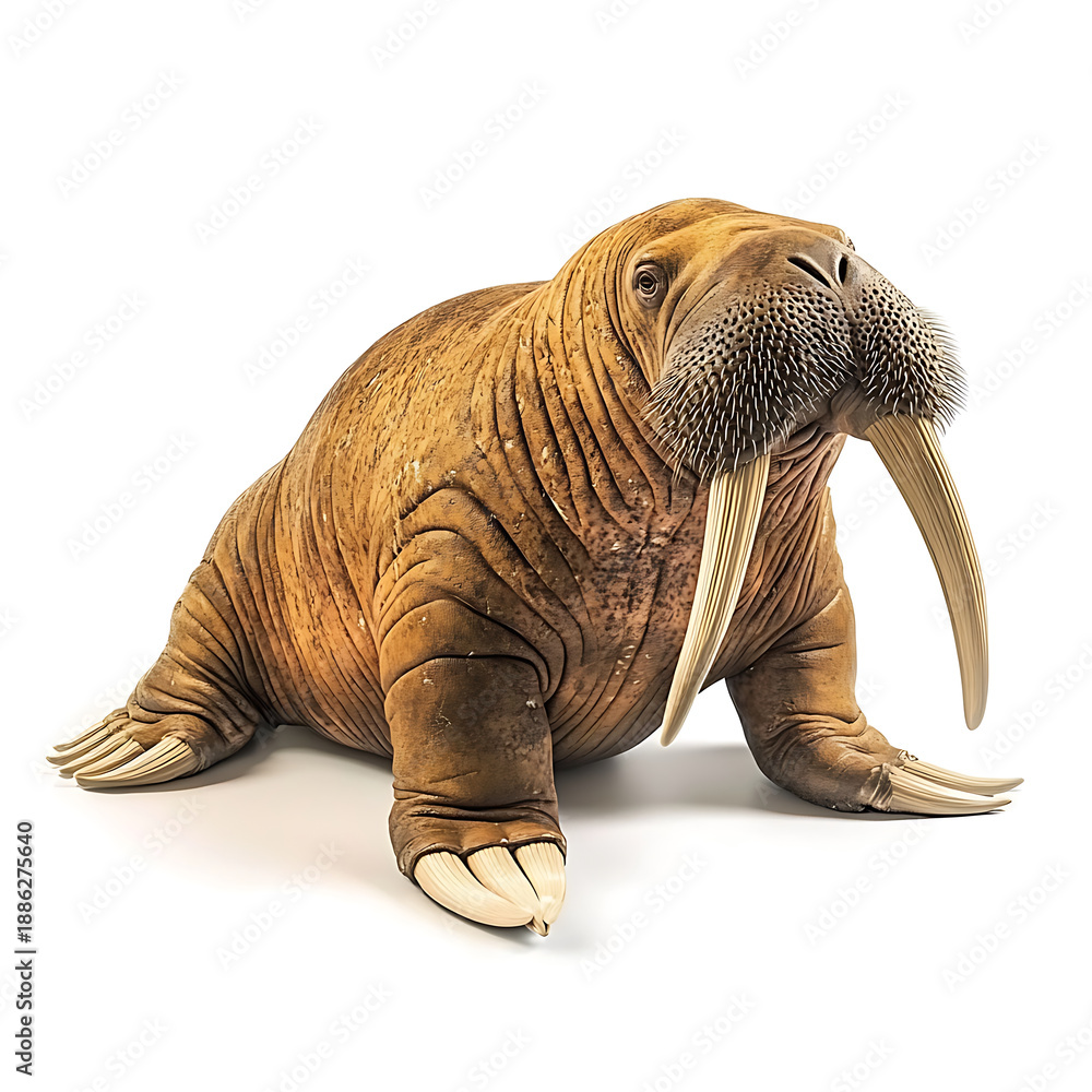 Fototapeta premium Realistic full body walrus with prominent tusks and whiskers, showcasing its unique features against white background