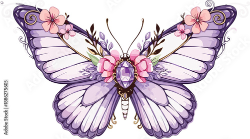 Elegant purple butterfly illustration with delicate pink flowers and a central amethyst gemstone crystal, intricate whimsical garden design for digital scrapbooking and artistic decor.