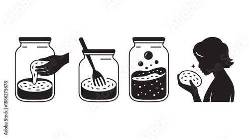 Fermentation Process of Yogurt in Jars with Woman Eating in Simple Monochrome Illustration for Health and Wellness
