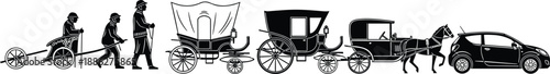 Evolution of transportation vector silhouette set featuring ancient chariots historical horse drawn carriages stagecoaches and a modern car for historical timeline and travel industry designs