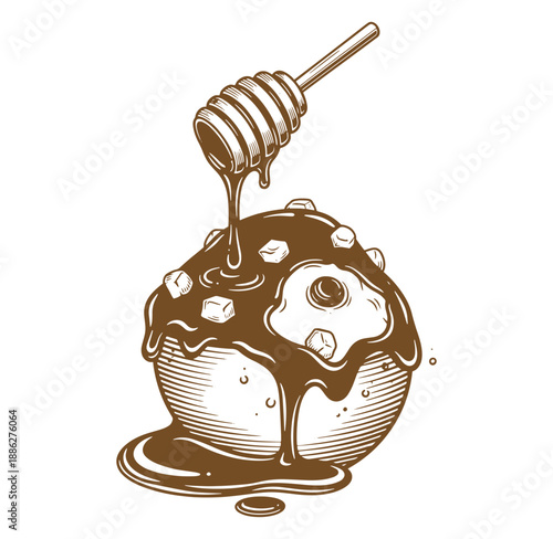 honey dripping from honey dipper onto a honeycomb in a sketch style