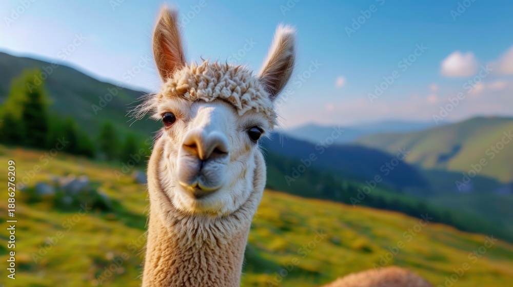 Fototapeta premium Close-Up of a Friendly Llama in a Scenic Mountain Landscape, Capturing the Beauty of Nature and Wildlife Photography