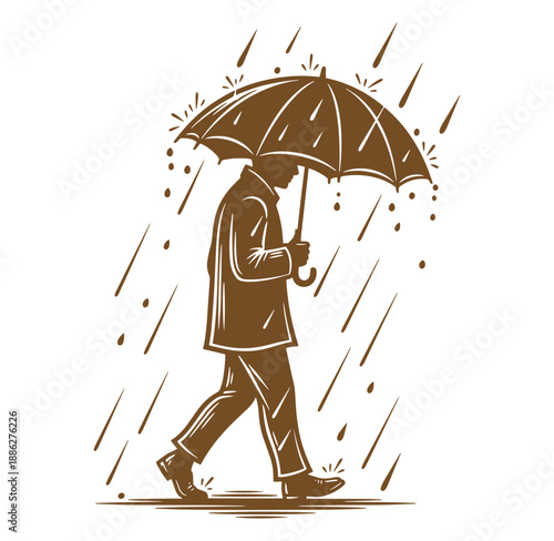 man in coat walking with umbrella in rain weather conditions