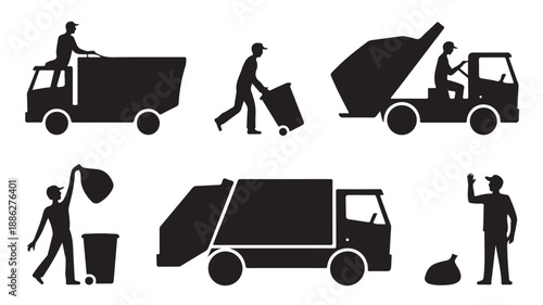 Construction Workers with Dump Trucks in Silhouette Style with Black Color on White Background for Infrastructure Projects