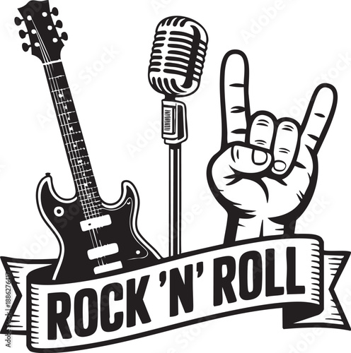 Rock 'n' roll music illustration with guitar microphone and devil horns hand gesture