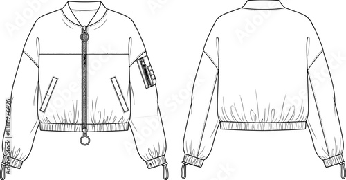 Fashion technical sketch of a women bomber jacket featuring front and back views with zipper details pockets and elastic cuffs in black line art