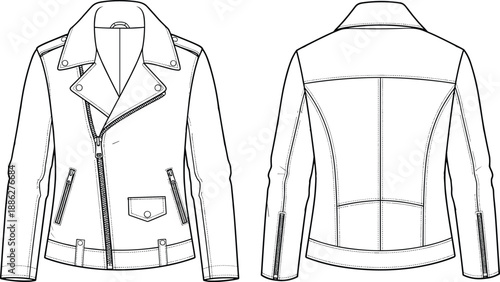 Fashion technical sketch of a women leather biker jacket featuring front and back views with asymmetrical zipper details notched lapels and zippered sleeves