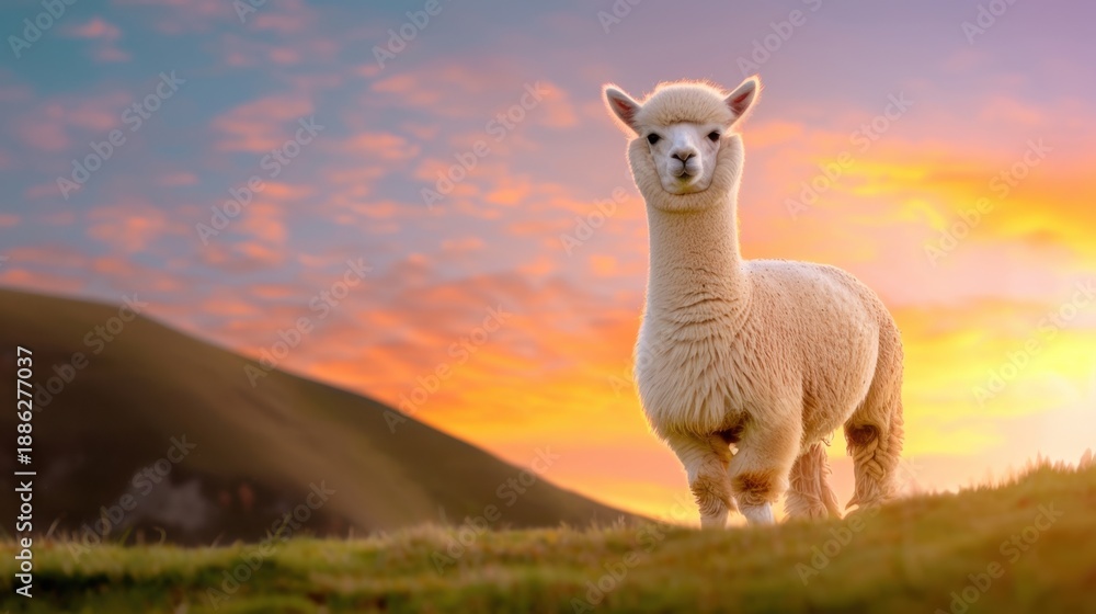 Fototapeta premium Alpaca Standing in a Sunny Field During a Vibrant Sunset with Mountains in the Background