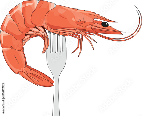 Flat Vector Illustration of a Fresh Cooked Orange Shrimp on a Silver Fork Isolated on White Background for Seafood Restaurant Menu and Culinary Design.