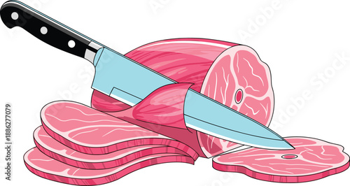 Flat Vector Illustration of Fresh Raw Meat Slices and Beef Roast with a Sharp Kitchen Chef Knife Isolated on White for Culinary Design.