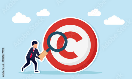 Businessman using magnifying glass to observe target board with letter C illustration of caution in business management including copyright awareness