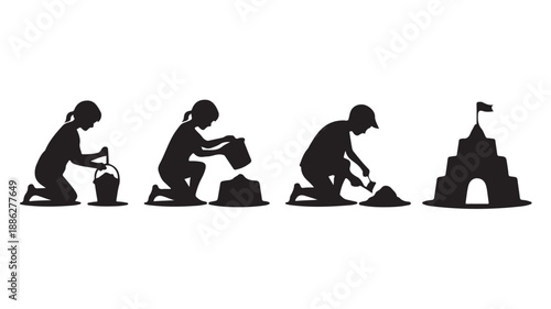 Woman building sandcastle in simple silhouette style with dramatic lighting on white background for leisure activity