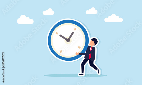 Businessman struggling to lift a clock illustration of hard work in business time management to achieve effective and efficient operations
