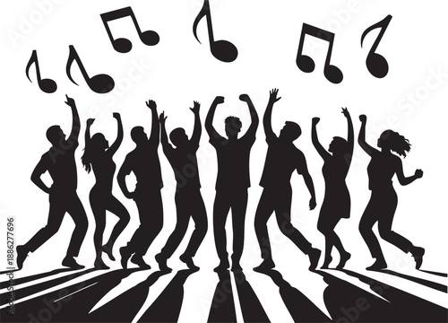 People dancing in silhouette with musical notes joyful party scene with raised hands and dynamic movements