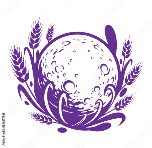 Purple moon and wheat ears illustration on white background