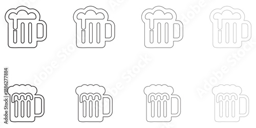 beer mug line icon vector set, overflowing beer drinking vector outline icon illustration