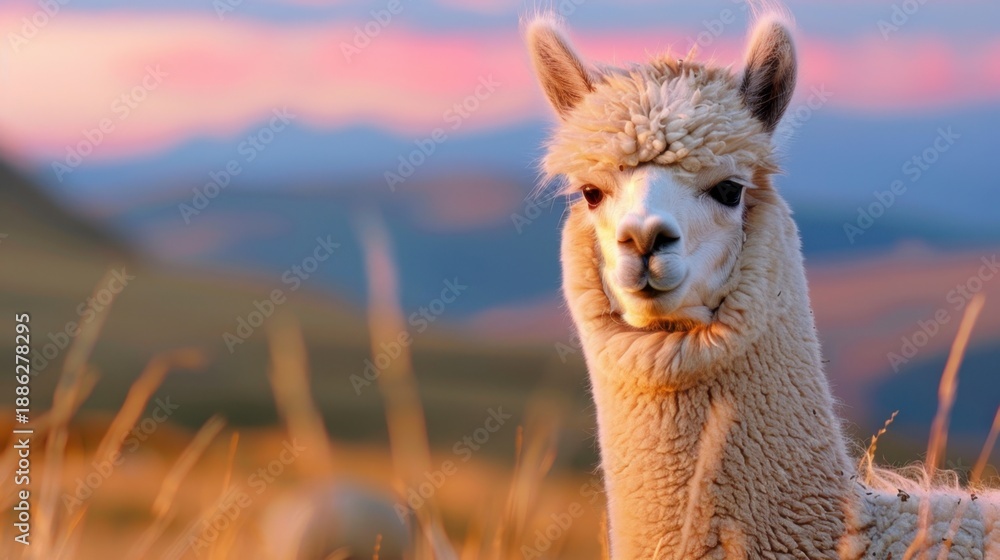 Fototapeta premium Cute alpaca portrait against a vibrant sunset backdrop with soft hills and golden grass in the foreground