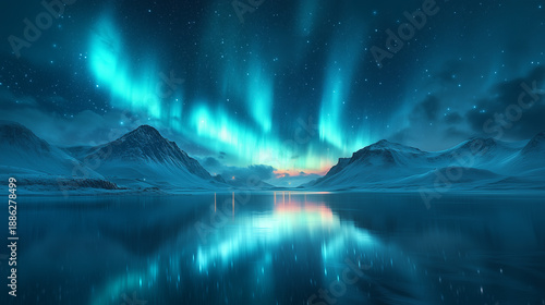 northern lights in night starry sky against background of mountains and lakes
