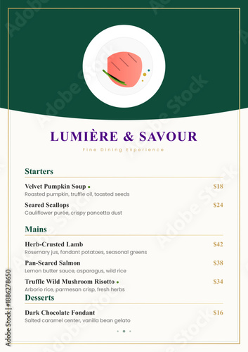 "Sophisticated and minimalist, this menu design balances deep forest green with crisp white and gold accents to convey a sense of high-end luxury and modern culinary artistry. The layout is clean