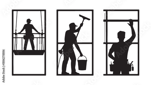 Window cleaners in silhouette with cleaning tools in dramatic backlight on white background for advertising