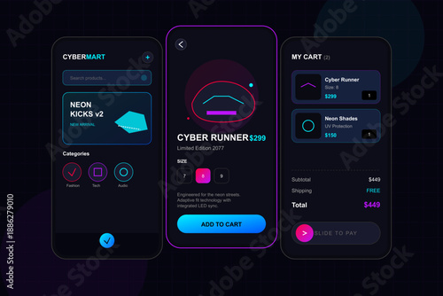 "A high-contrast, cyberpunk-inspired mobile application interface. The visual mood is sleek, immersive, and high-energy, utilizing a deep dark mode background punctuated by vibrant neon cyan 