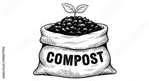 Compact Compost Bag with Rich Soil in Friendly Hand Drawn Style
