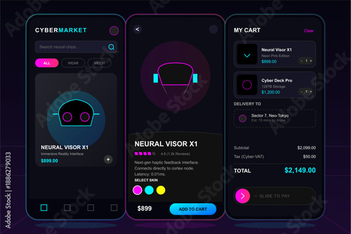 "A high-fidelity mockup of a futuristic mobile application interface featuring a dark 'night mode' palette with striking neon accents in cyan, pink, and yellow. The visual mood is sleek, immersive, an