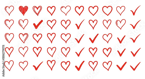 Valentines Hearts Collection in Handcrafted Doodle Illustration Style